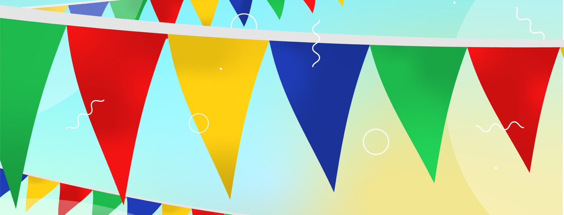 Fond festif avec fanions en forme de triangles, jaunes, verts, bleus et rouges