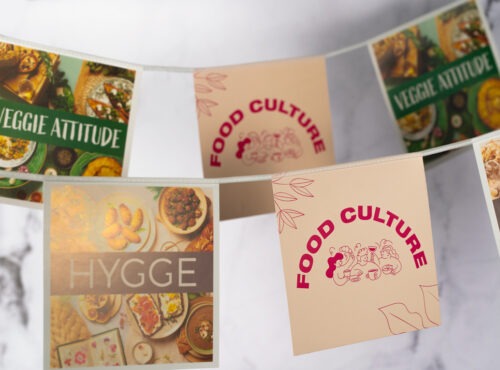 Guirlande de fanions en papier promotionnelle pour la culture alimentaire, avec les thèmes "Veggie Attitude", "Hygge" et "Food Culture".