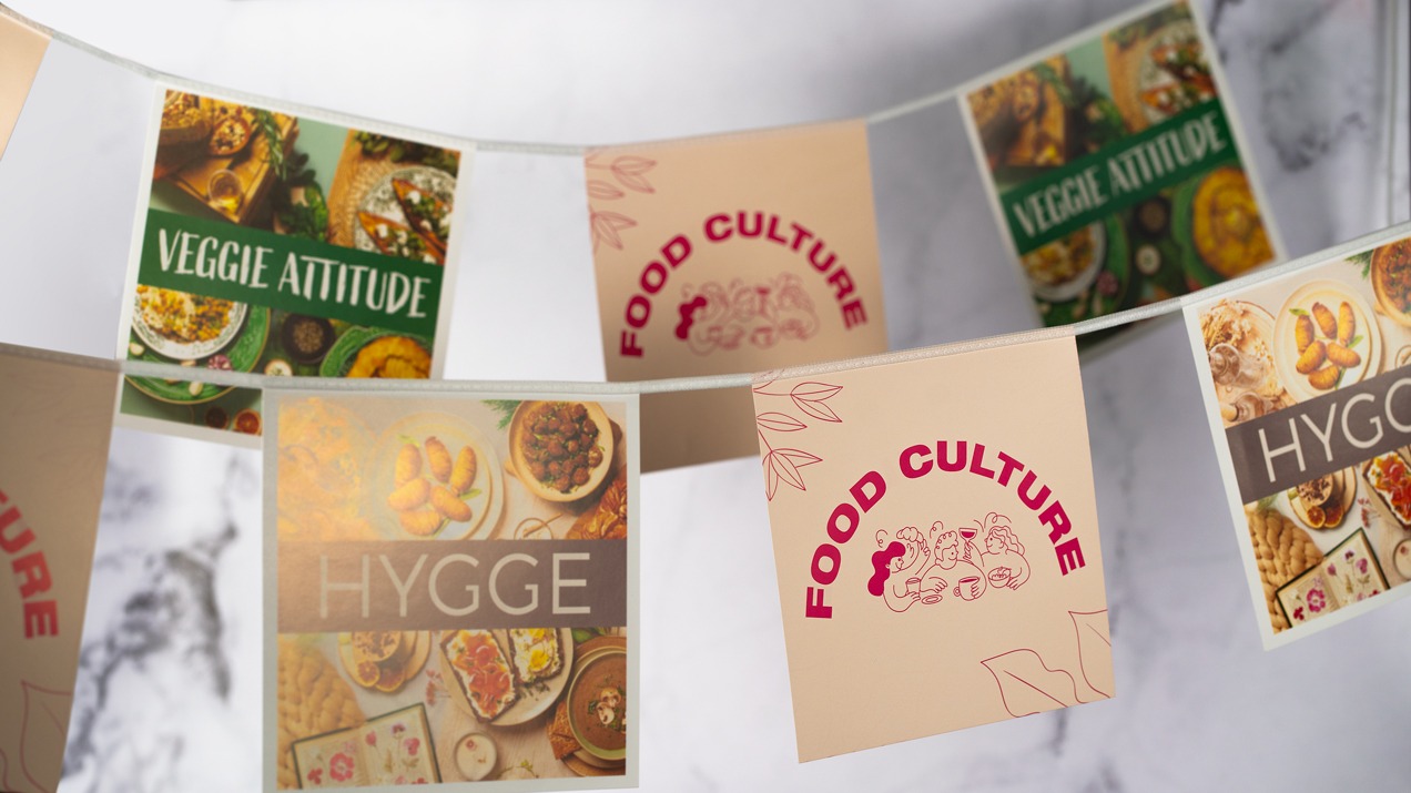 Guirlande de fanions en papier promotionnelle pour la culture alimentaire, avec les thèmes "Veggie Attitude", "Hygge" et "Food Culture".