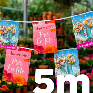 Guirlande publicitaire en PVC de 5 mètres, composée de fanions résistants pour une utilisation en intérieur ou extérieur.