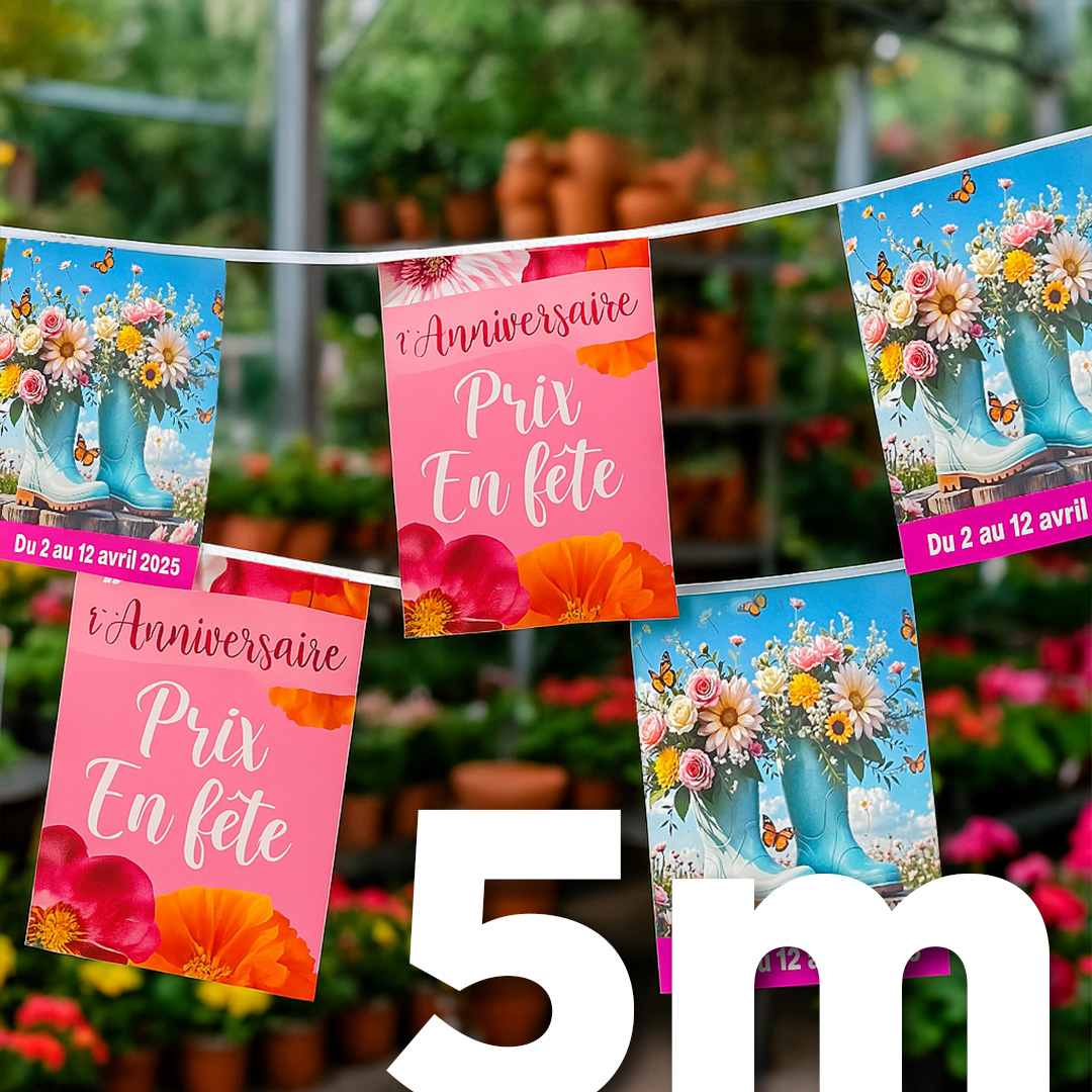 Guirlande publicitaire en PVC de 5 mètres, composée de fanions résistants pour une utilisation en intérieur ou extérieur.